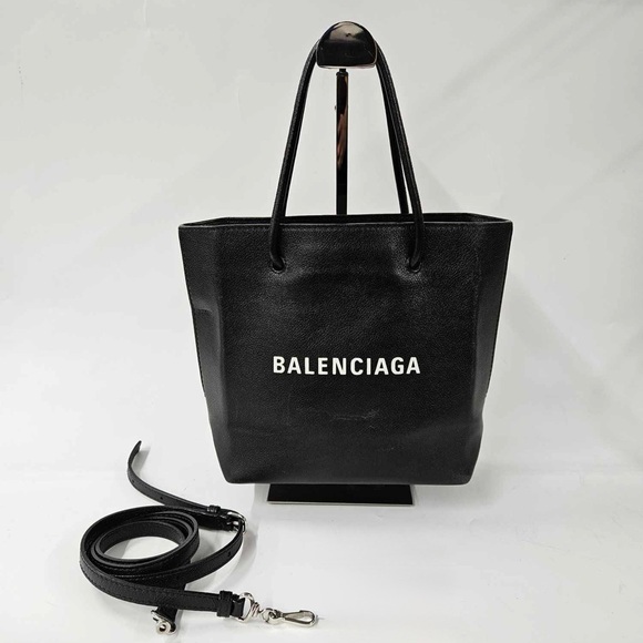 Balenciaga Black Leather shopping Tote with Logo and Shoulder Strap - Picture 1 of 8